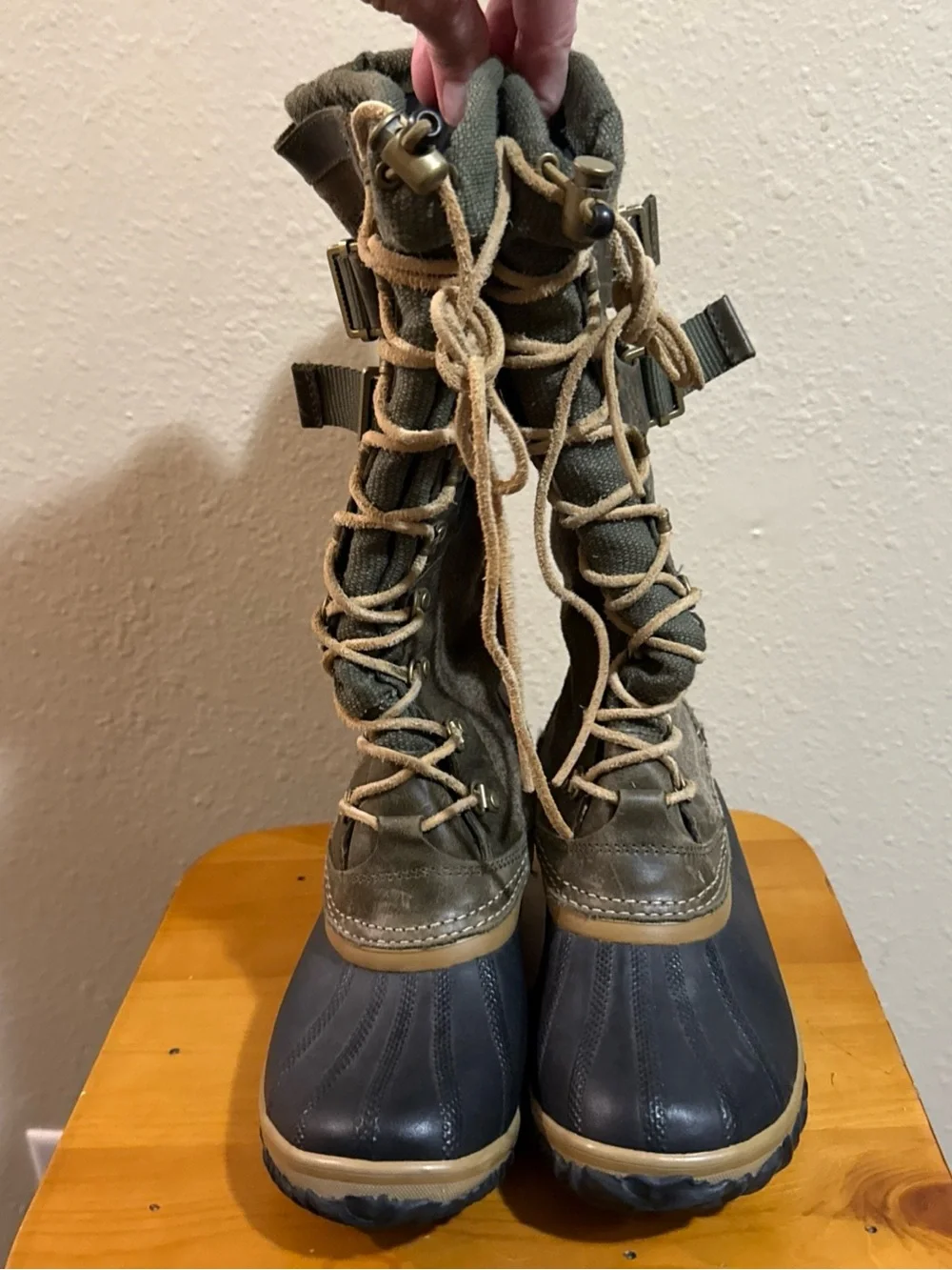 Sorel Carly II Suede Conquest Olive and Navy Lace-Up Waterproof Duck Boots